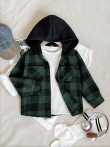 SHEIN Genkimix Kids 小男孩休閒綠色格紋抓絨內裡連帽衛衣 - 綠色 - 查看 6