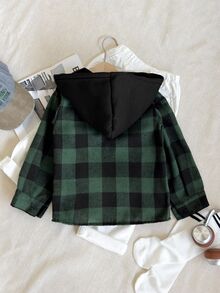 SHEIN Genkimix Kids 小男孩休閒綠色格紋抓絨內裡連帽衛衣 - 綠色 - 查看 2