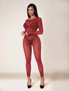 VaVaBold Women's Sexy Hollow Out Bodycon Jumpsuit - Burgundy - View 5
