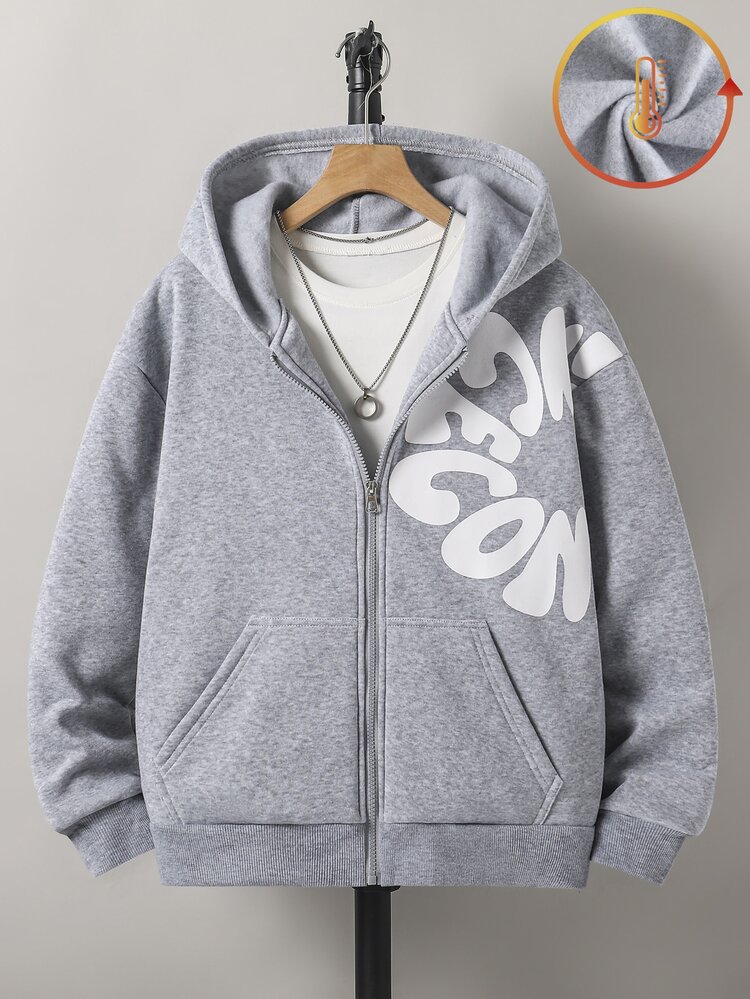 SHEIN Teen Boy Letter Print Hooded Zip-Up Sports Sweatshirt Autumn Fall Beach Vacation Grey Streetwear Baggy - Light Grey - View 1
