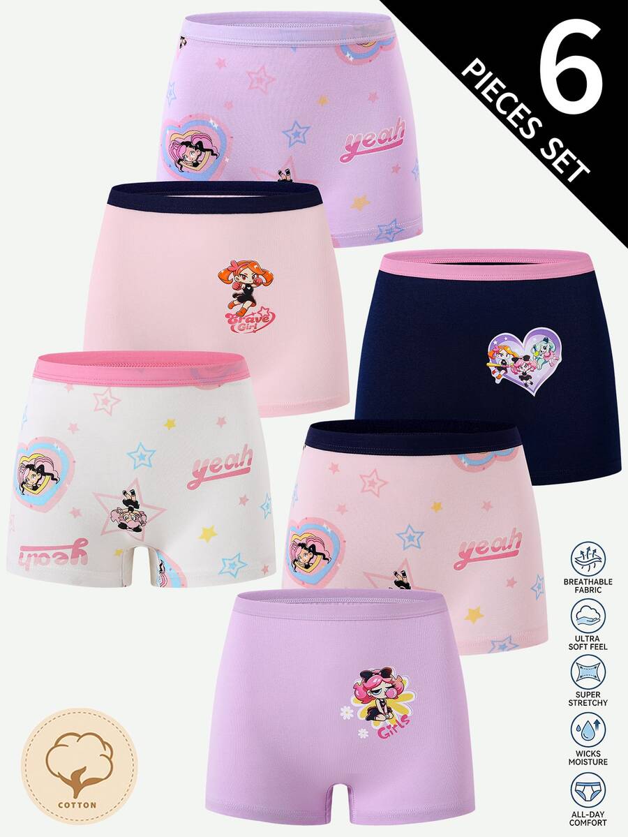 SHEIN 6pcs/Set Random Winter Girls Toddler Baby Pink Cute Minimalist Girl Group 3 Dancing Girls Multi-Pattern Cotton Printed Boxer Briefs - Multicolor - View 1