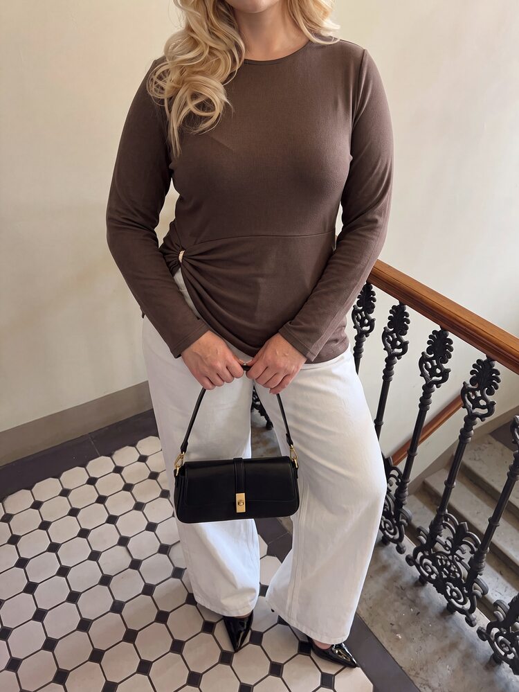 Dripcurv Plus Size Women Solid Color Pleated Casual Elegant Versatile Everyday T-Shirt Office Evening Formal Brown Autumn Fall - Brown - View 3