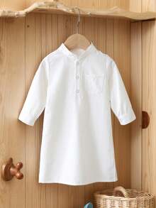 SHEIN 男嬰阿拉伯式 Dishdasha 伊斯蘭全白長袍 Kaftan 禮服，Al-Adha 莊重優雅套裝，秋季婚禮節日派對服飾，3M-3T 穆斯林 Kurta - 白色 - 查看 4