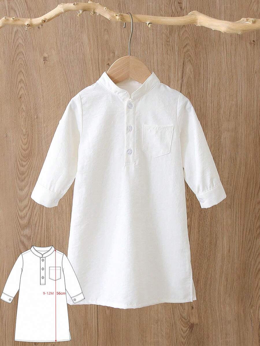 SHEIN 男嬰阿拉伯式 Dishdasha 伊斯蘭全白長袍 Kaftan 禮服，Al-Adha 莊重優雅套裝，秋季婚禮節日派對服飾，3M-3T 穆斯林 Kurta