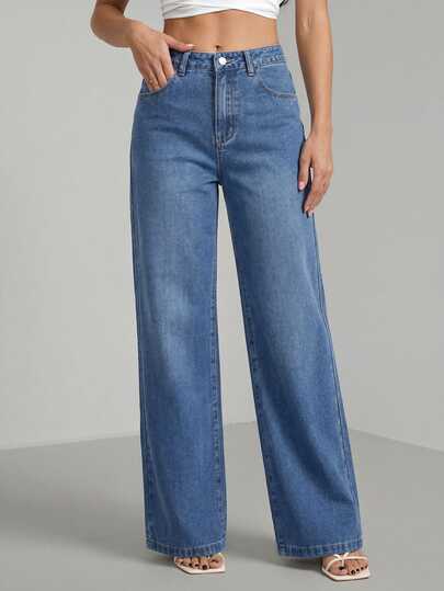SHEIN Tall Women's Fashion Versatile Pocket Button Loose Fit Denim Jeans Fall/Winter Casual Formal Y2k Business Country Cute Cowgirl Vintage Back To School Tall