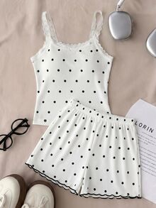 SHEIN Dozemod Tween Girl Simple Floral Pattern Ribbon Bow Lace Trim Camisole Tank Top Shorts Cute Princess Black And White Polka Dot Pajama Set 2pcs - Black and White - View 3