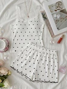 SHEIN Dozemod Tween Girl Simple Floral Pattern Ribbon Bow Lace Trim Camisole Tank Top Shorts Cute Princess Black And White Polka Dot Pajama Set 2pcs - Black and White - View 1