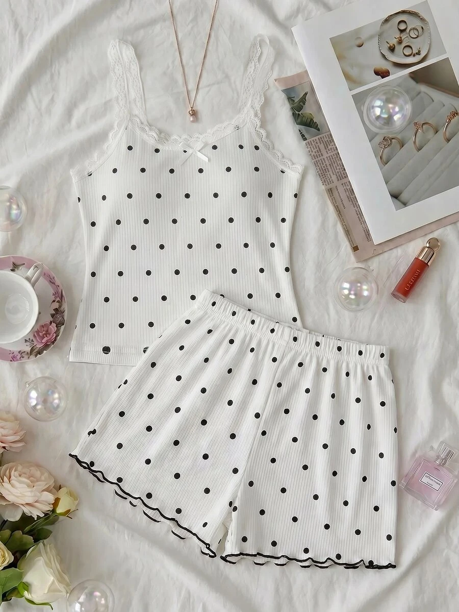 SHEIN Dozemod Tween Girl Simple Floral Pattern Ribbon Bow Lace Trim Camisole Tank Top Shorts Cute Princess Black And White Polka Dot Pajama Set 2pcs - Black and White - View 1
