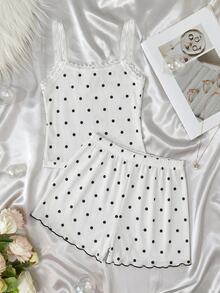 SHEIN Dozemod Tween Girl Simple Floral Pattern Ribbon Bow Lace Trim Camisole Tank Top Shorts Cute Princess Black And White Polka Dot Pajama Set 2pcs - Black and White - View 2