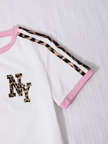 SHEIN 青少年女孩 2件組 寬鬆休閒運動風 80年代配色拼接領字母印花短袖T恤與純色織帶棕粉色長褲 - 棕色 - 查看 5
