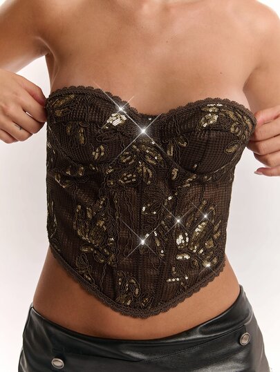 SHEIN BAE Spring/Summer Solid Green Floral Water-Soluble Lace Print Women's Bandeau Corset, Summer Corset For Women, Lace Corset