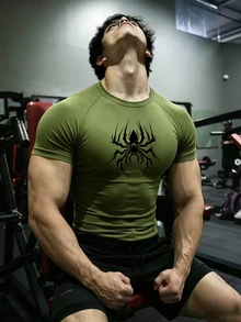 GymBeat 男士蜘蛛圖案印花對比色圓領短袖運動T恤 - 綠色 - 查看 1