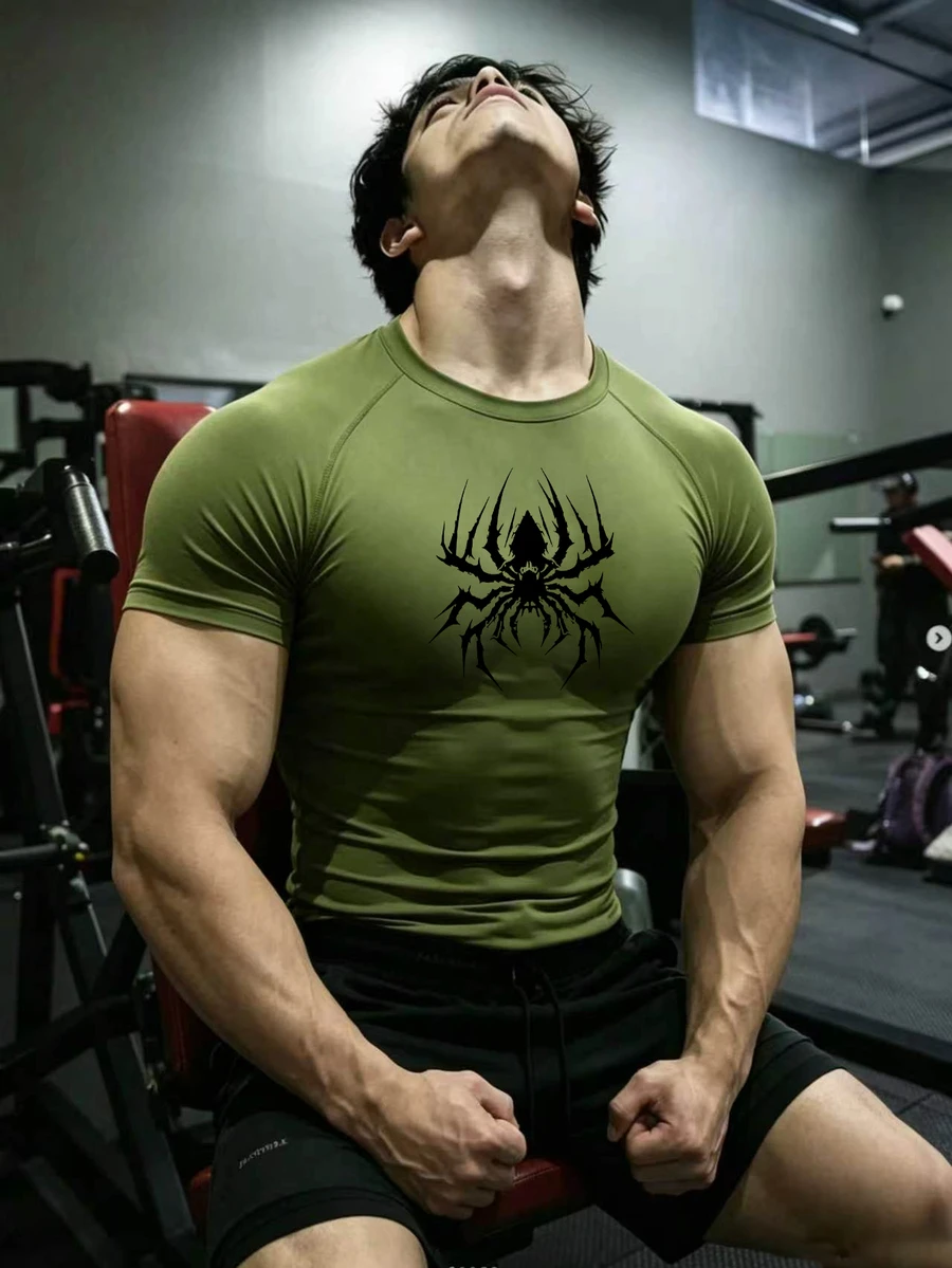 GymBeat 男士蜘蛛圖案印花對比色圓領短袖運動T恤 - 綠色 - 查看 1