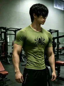 GymBeat 男士蜘蛛圖案印花對比色圓領短袖運動T恤 - 綠色 - 查看 4