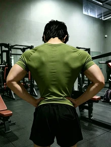 GymBeat 男士蜘蛛圖案印花對比色圓領短袖運動T恤 - 綠色 - 查看 2