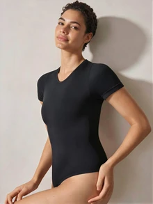 Veilyse 1pc Women Black Seamless Scoop Neck Short Sleeve Sexy Bodysuit Thongfor Summer - Black - View 5