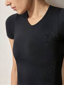 Veilyse 1pc Women Black Seamless Scoop Neck Short Sleeve Sexy Bodysuit Thongfor Summer - Black - View 6
