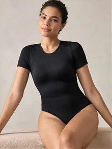 Veilyse 1pc Women Black Seamless Scoop Neck Short Sleeve Sexy Bodysuit Thongfor Summer - Black - View 8