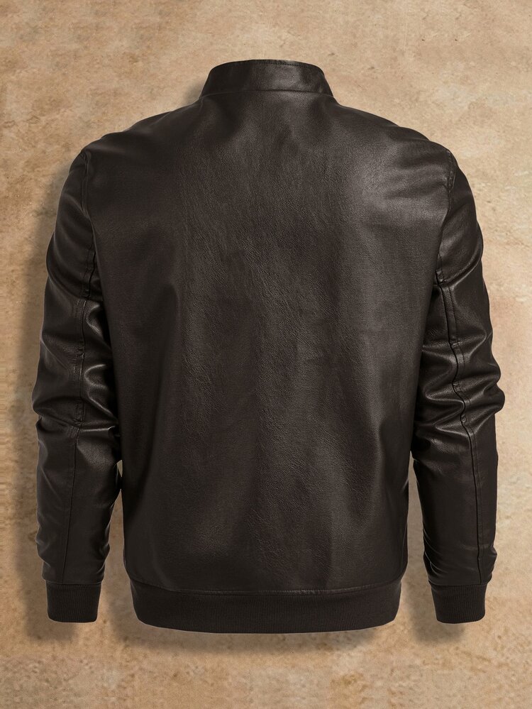 HIMLAND Men's Solid Color Minimalist Everyday Long Sleeve PU Leather Zip Jacket, For Vacation, Father's Day Gifts, Spring, Outdoor - Brown - View 2
