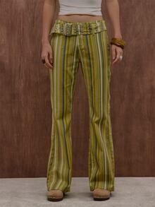 MUSERA Yellow Striped Denim Buckle Detail Flared Jeans Summer Autumn Everyday Date Night Holiday Vacation Dazed - Yellow - View 2