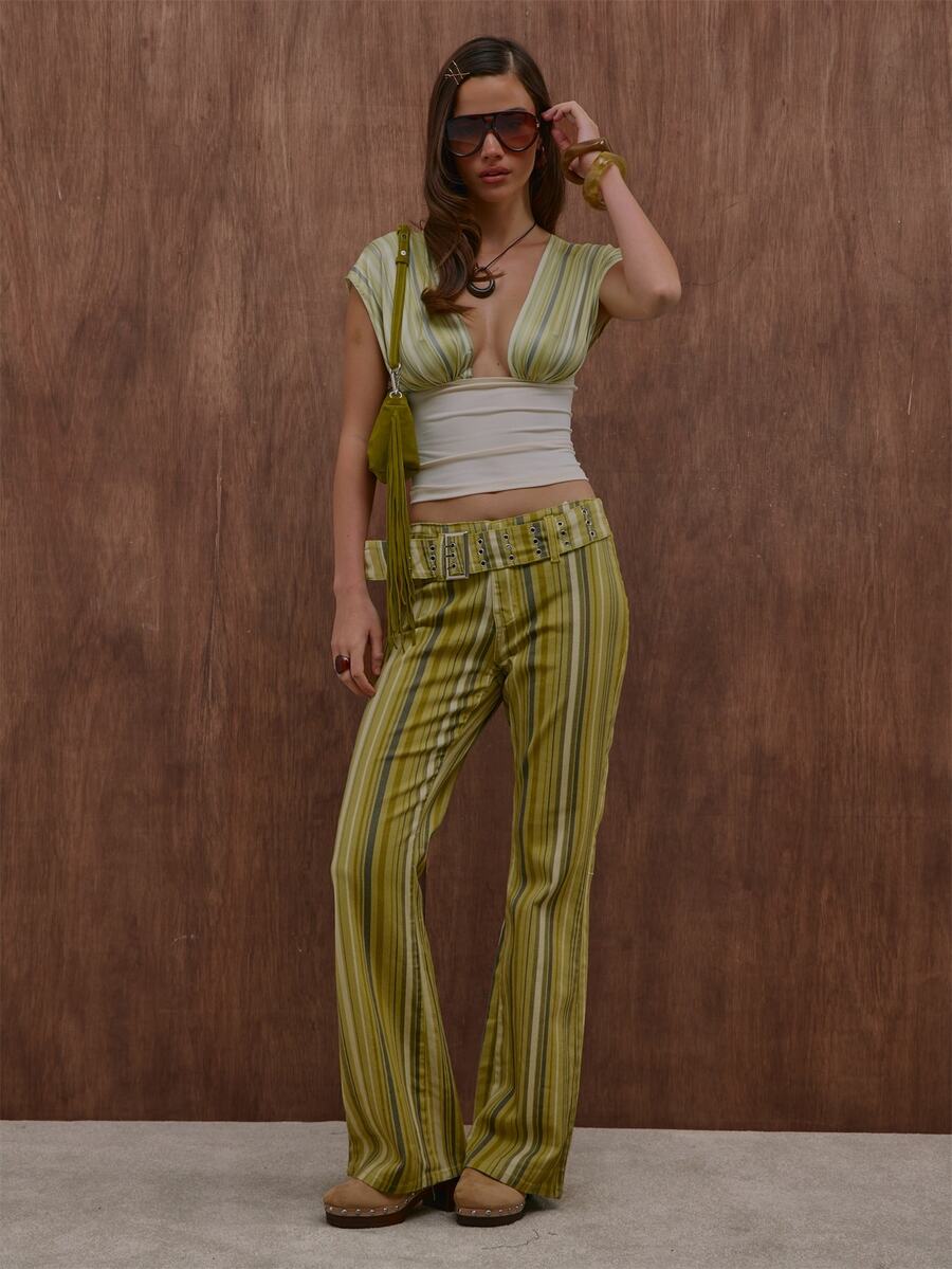 MUSERA Yellow Striped Denim Buckle Detail Flared Jeans Summer Autumn Everyday Date Night Holiday Vacation Dazed - Yellow - View 1