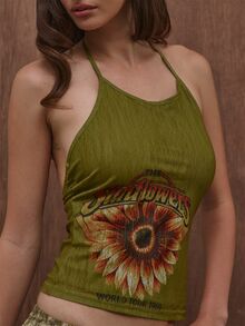 MUSERA Green Graphic Printed Sunflower Halterneck Top Summer Autumn Everyday Date Night Holiday Vacation Dazed - Multicolor - View 2