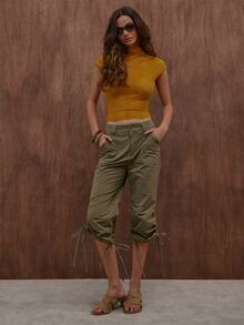 MUSERA Khaki Utility Ruched Leg Tie Capri Pant Summer Autumn Everyday Date Night Holiday Vacation Dazed - Olive Green - View 1