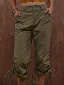 MUSERA Khaki Utility Ruched Leg Tie Capri Pant Summer Autumn Everyday Date Night Holiday Vacation Dazed - Olive Green - View 2