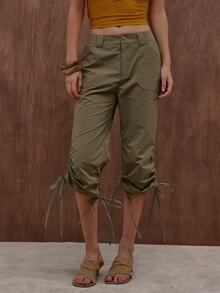 MUSERA Khaki Utility Ruched Leg Tie Capri Pant Summer Autumn Everyday Date Night Holiday Vacation Dazed - Olive Green - View 3