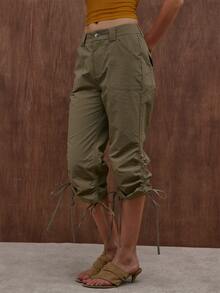 MUSERA Khaki Utility Ruched Leg Tie Capri Pant Summer Autumn Everyday Date Night Holiday Vacation Dazed - Olive Green - View 4