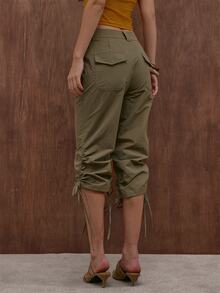 MUSERA Khaki Utility Ruched Leg Tie Capri Pant Summer Autumn Everyday Date Night Holiday Vacation Dazed - Olive Green - View 5
