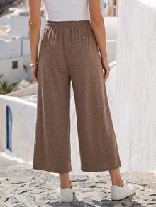 Faunlyn Summer Comfortable Casual Elastic Waist Minimalist Versatile Knit Drawstring Wide Leg Cropped Pants Daily Picnic Vacation Charcoal Gray Dark Grey - Brown - View 2