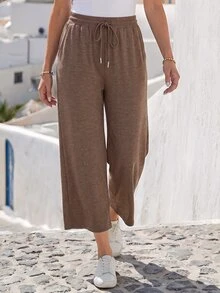Faunlyn Summer Comfortable Casual Elastic Waist Minimalist Versatile Knit Drawstring Wide Leg Cropped Pants Daily Picnic Vacation Charcoal Gray Dark Grey - Brown - View 3