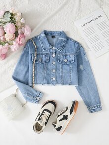 Girls' Versatile Casual Streetwear Vacation Fashion Washed Soft Distressed Street Style Daily Travel Loose Non-Stretch Short Denim Jacket Autumn - Medium Wash - View 2