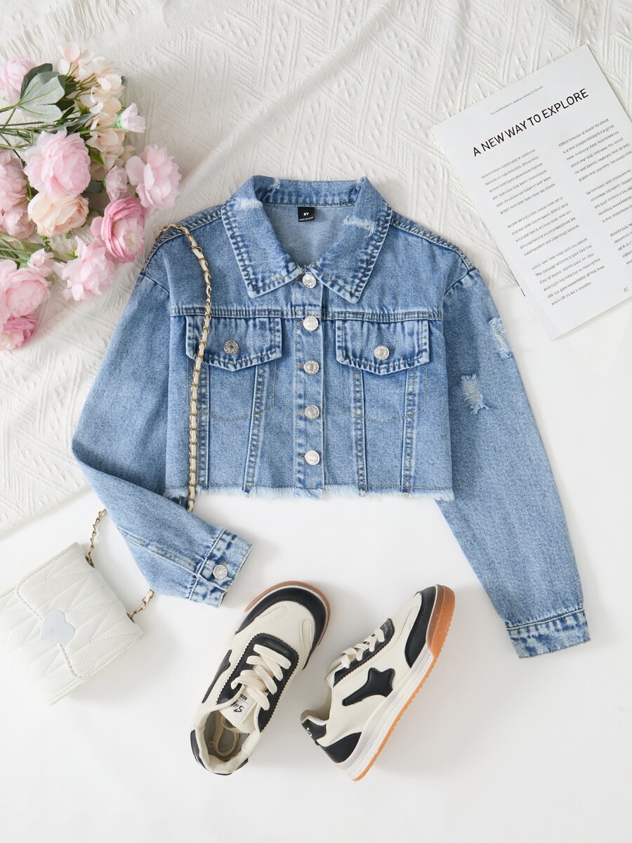 Girls' Versatile Casual Streetwear Vacation Fashion Washed Soft Distressed Street Style Daily Travel Loose Non-Stretch Short Denim Jacket Autumn