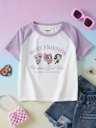 THE POWERPUFF GIRLS X SHEIN Tween Girl Letter Cartoon Print Casual Everyday Short Sleeve T-Shirt