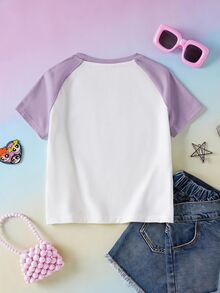 THE POWERPUFF GIRLS X SHEIN 青少年女孩字母卡通印花休閒日常短袖T恤 - 紫色 - 查看 2