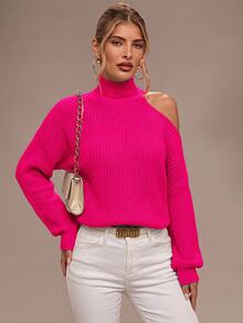 Chiquease Turtleneck Cut Out Shoulder Sweater,Long Sleeve Tops Knit Pullover Fall Winter Sweater - Hot Pink - View 4