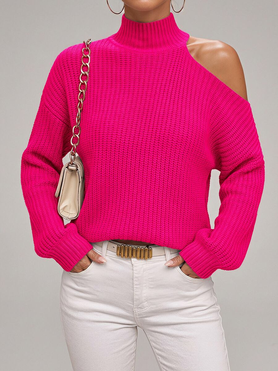 Chiquease Turtleneck Cut Out Shoulder Sweater,Long Sleeve Tops Knit Pullover Fall Winter Sweater - Hot Pink - View 1