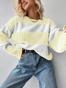 EURMUSE Drop Shoulder Color Block Sweater - Yellow - View 5