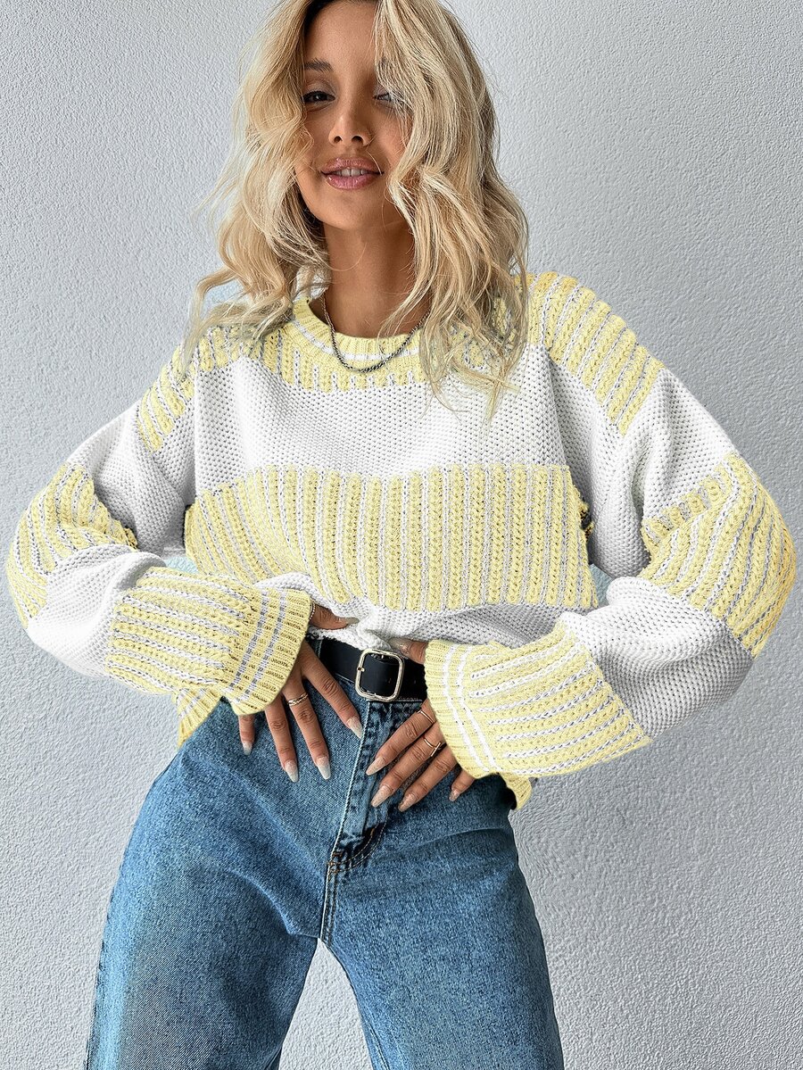 EURMUSE Drop Shoulder Color Block Sweater - Yellow - View 1