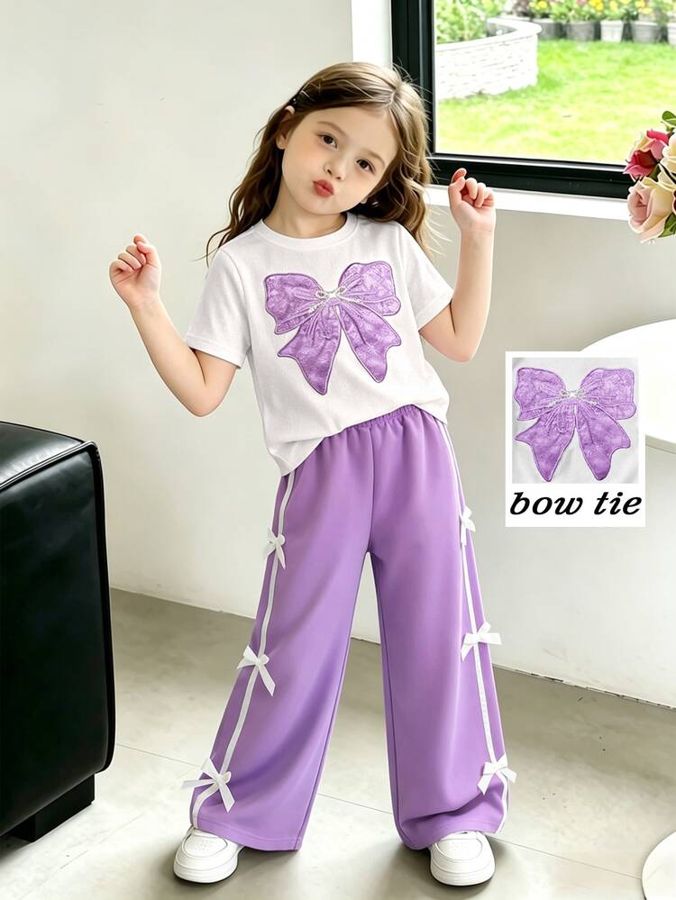 Genkimix Kids Tween Girls 2pcs/Set Summer Cute Back-To-School ,White Pearl Lace Bow Embroidered Round Neck Short Sleeve T-Shirt And Ribbed Tie Swea... - Mauve Purple - View 6