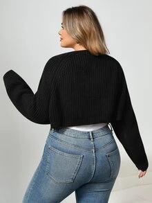 SHEIN CURVE+ Cardigan Pendek Rajut Bergaris Gaya Balet Musim Gugur/Dingin (Tanpa Kamisol) Formal Kantor Malam Hari Hitam Kasual Longgar Profesional - Hitam - View 2