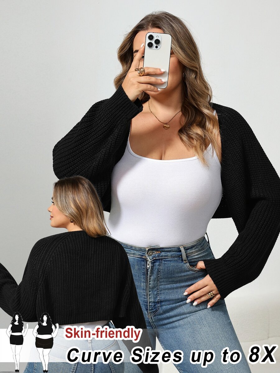 SHEIN CURVE+ Cardigan Pendek Rajut Bergaris Gaya Balet Musim Gugur/Dingin (Tanpa Kamisol) Formal Kantor Malam Hari Hitam Kasual Longgar Profesional - Hitam - View 1