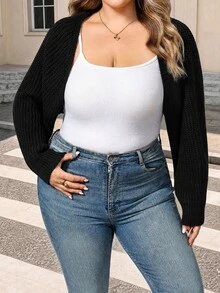 SHEIN CURVE+ Cardigan Pendek Rajut Bergaris Gaya Balet Musim Gugur/Dingin (Tanpa Kamisol) Formal Kantor Malam Hari Hitam Kasual Longgar Profesional - Hitam - View 6