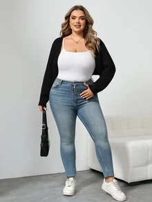 SHEIN CURVE+ Cardigan Pendek Rajut Bergaris Gaya Balet Musim Gugur/Dingin (Tanpa Kamisol) Formal Kantor Malam Hari Hitam Kasual Longgar Profesional - Hitam - View 10