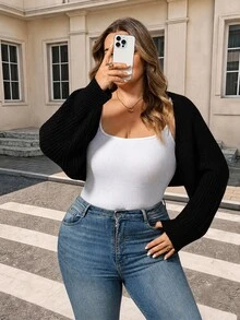 SHEIN CURVE+ Cardigan Pendek Rajut Bergaris Gaya Balet Musim Gugur/Dingin (Tanpa Kamisol) Formal Kantor Malam Hari Hitam Kasual Longgar Profesional - Hitam - View 8