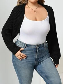 SHEIN CURVE+ Cardigan Pendek Rajut Bergaris Gaya Balet Musim Gugur/Dingin (Tanpa Kamisol) Formal Kantor Malam Hari Hitam Kasual Longgar Profesional - Hitam - View 9