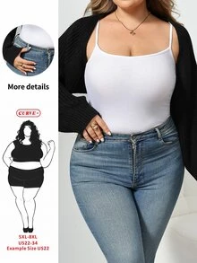 SHEIN CURVE+ Cardigan Pendek Rajut Bergaris Gaya Balet Musim Gugur/Dingin (Tanpa Kamisol) Formal Kantor Malam Hari Hitam Kasual Longgar Profesional - Hitam - View 15