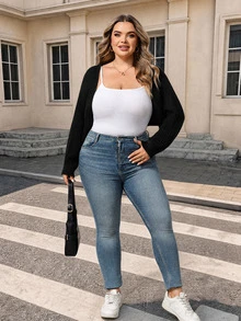 SHEIN CURVE+ Cardigan Pendek Rajut Bergaris Gaya Balet Musim Gugur/Dingin (Tanpa Kamisol) Formal Kantor Malam Hari Hitam Kasual Longgar Profesional - Hitam - View 4